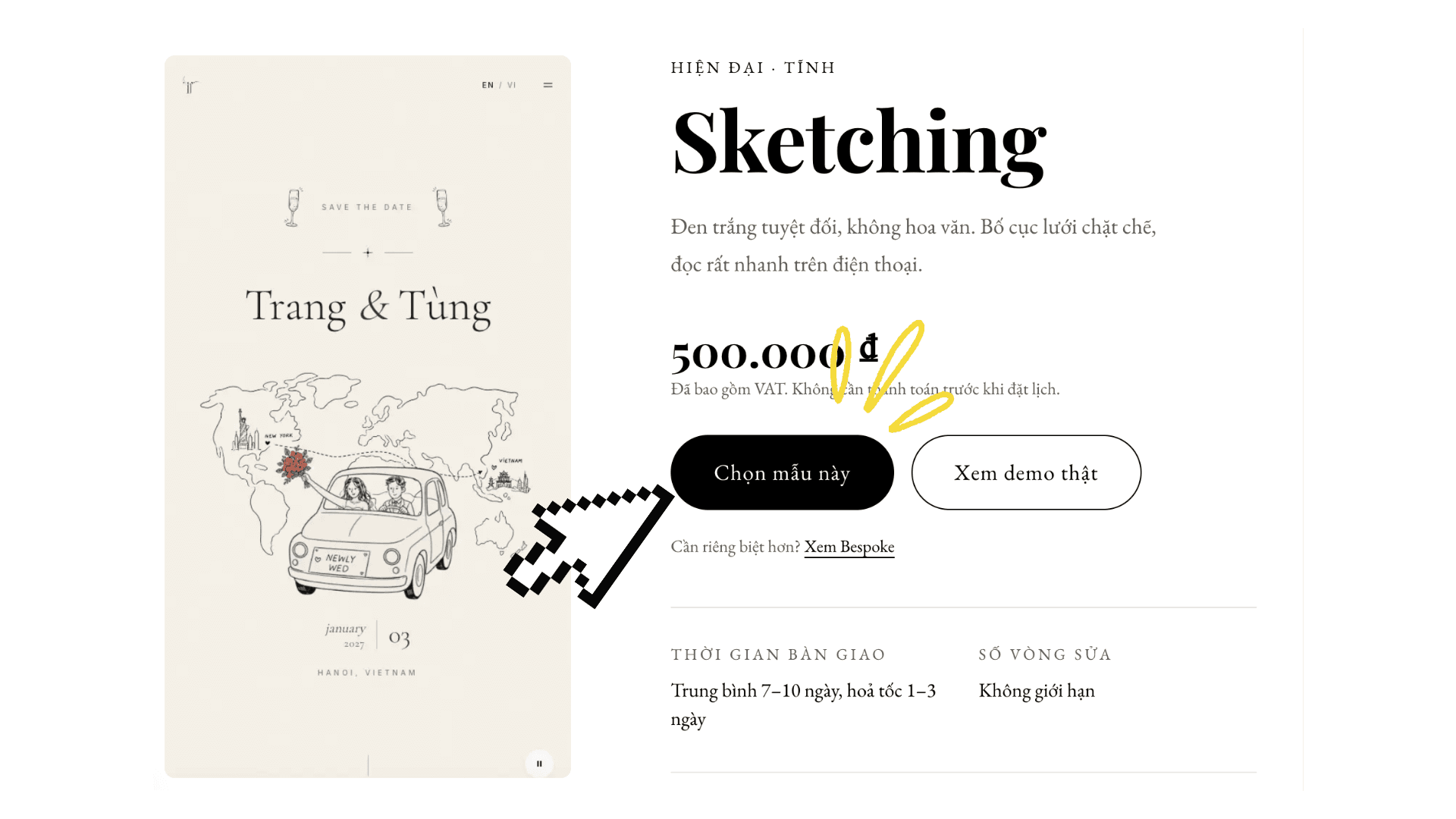 Trang chi tiết một mẫu website cưới, con trỏ đang bấm nút Chọn mẫu này