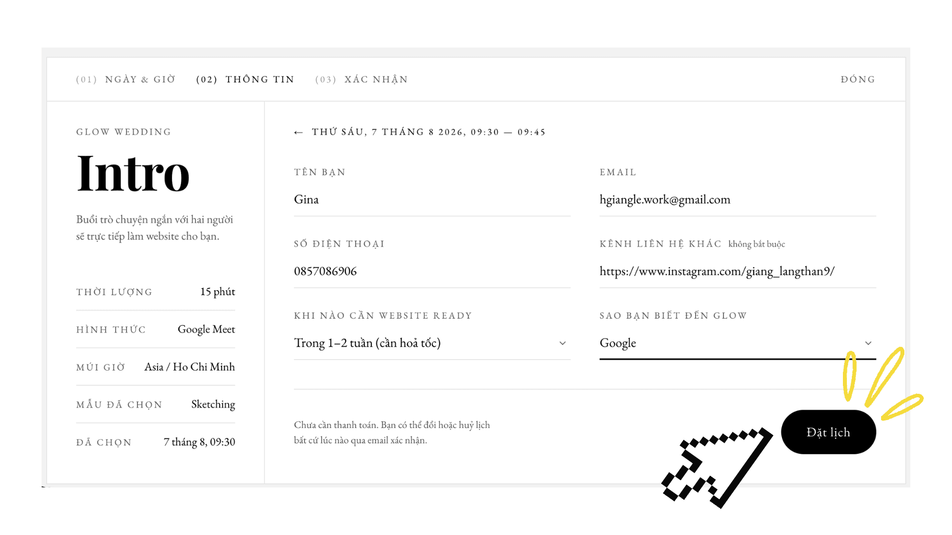 Form đặt lịch buổi Intro 15 phút qua Google Meet
