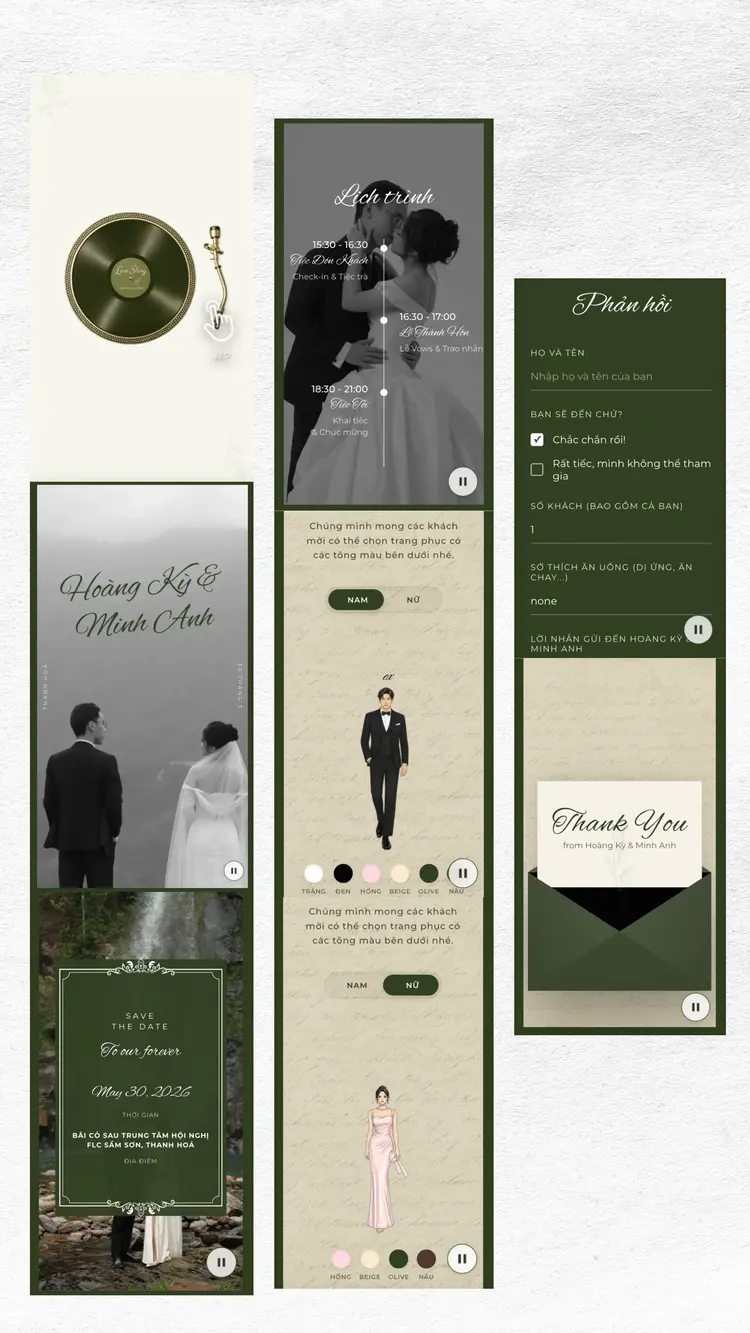 Interactive Vinyl Record Wedding Website Template with Smart RSVP — Spin-to-Reveal Invitation, Color Palette Dress Code, Timeline & Guest Count RSVP, Cinematic Photo Hero