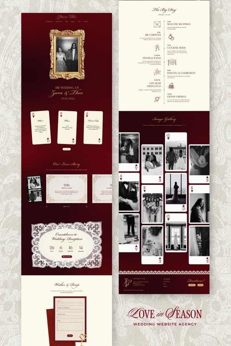 Vintage Love Letter Wedding Website Template with Smart RSVP — Burgundy Postal Romance, Wax Seal Invitation