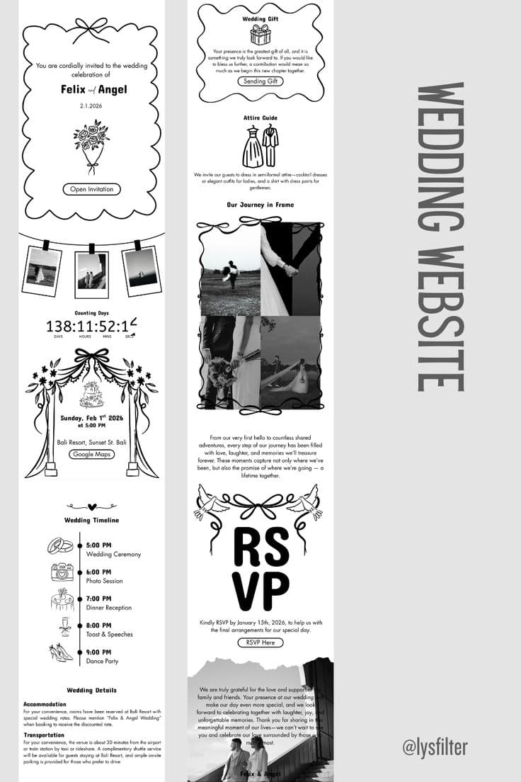 Black & White Wedding Website Template with Smart RSVP — Wavy Doodle Frames, Photo Clothesline & Shuttle Info, Modern Monochrome Invitation
